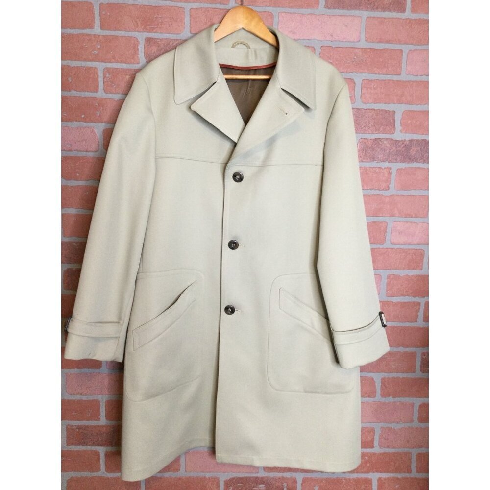 Vintage 1970s Richman Brothers Mens Overcoat Beige 42R Polyester & Rayon